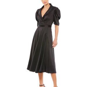 NEW | Mac Duggal 26628 Black Satin Lapel Puff Sleeve Tea Length Dress 8